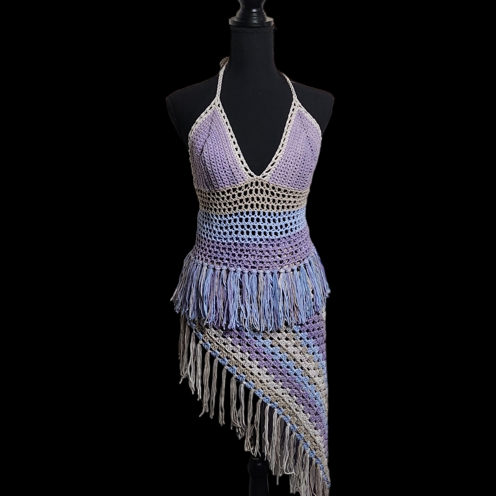 Crochet Asymmetrical Fringed Skirt Set
